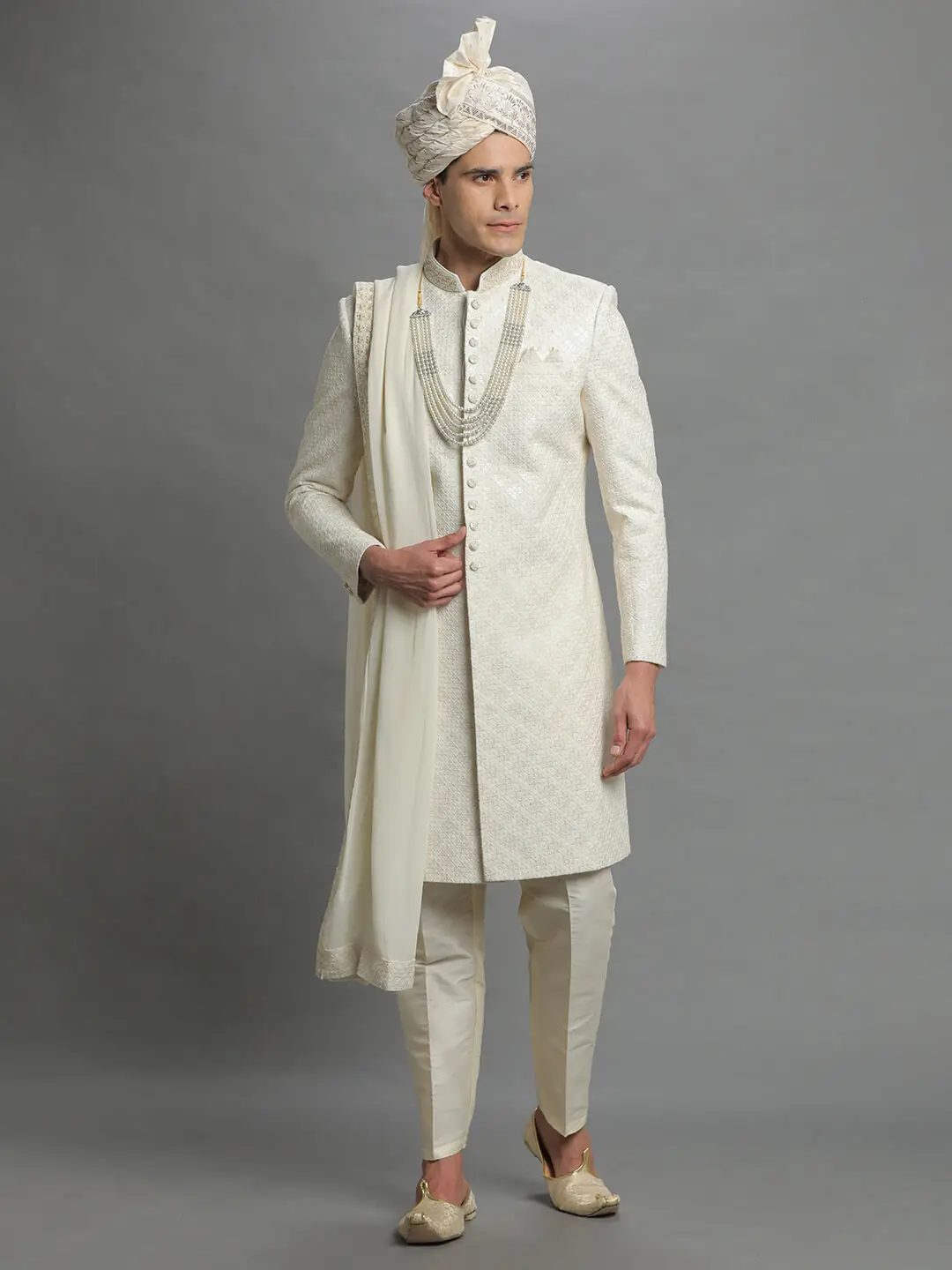 Beige Lucknawi Embroidered Sherwani