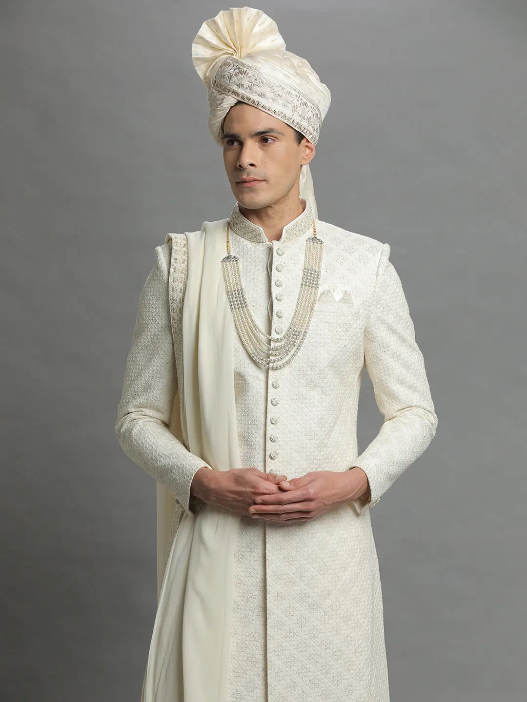 Beige Lucknawi Embroidered Sherwani
