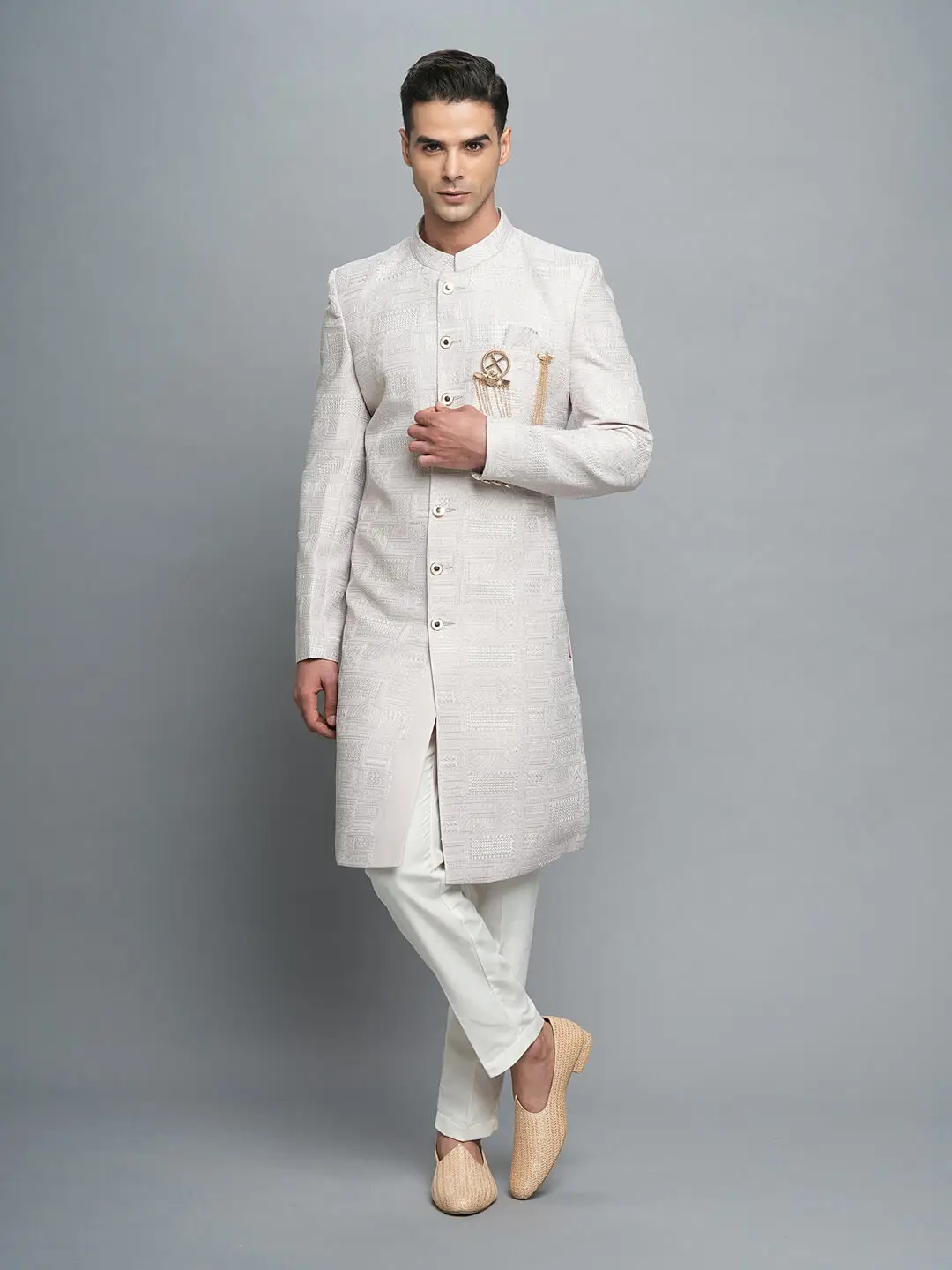 Beige Threaded Embroidered IndoWestern