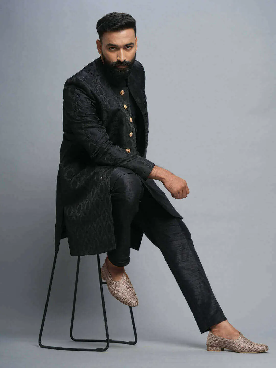 Black 3 Piece Jaquard Indowestern
