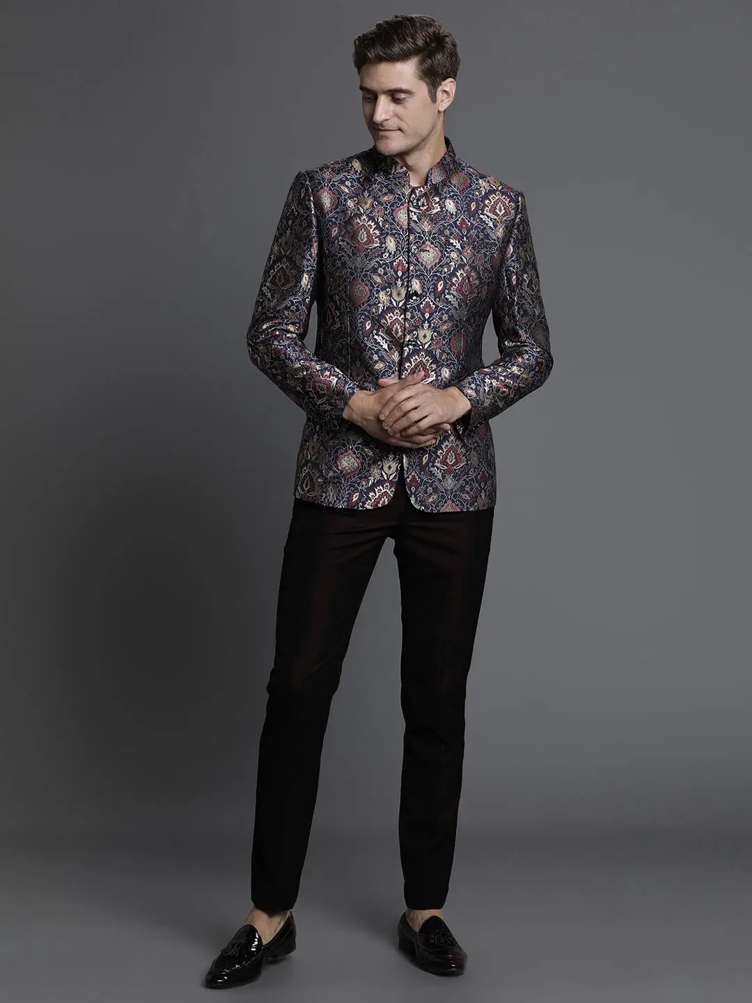 Blue Embossed Printed Jacquard Bandgala