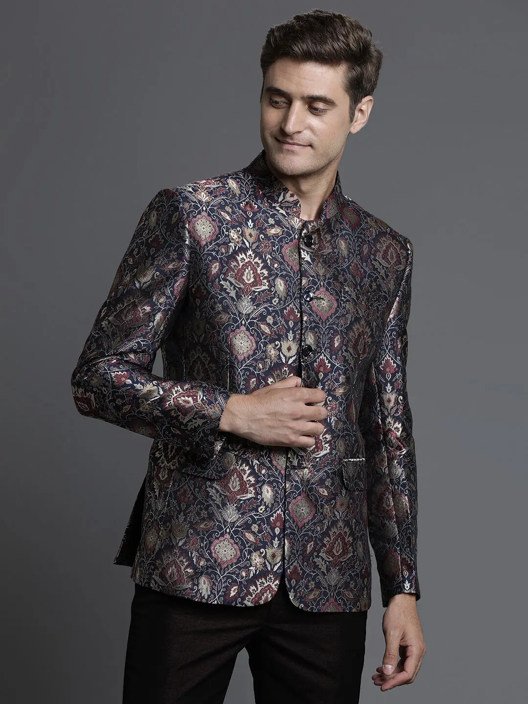 Blue Embossed Printed Jacquard Bandgala
