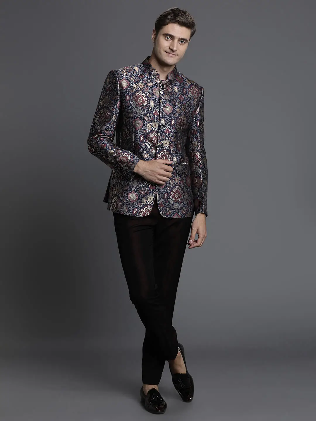 Blue Embossed Printed Jacquard Bandgala — image 2