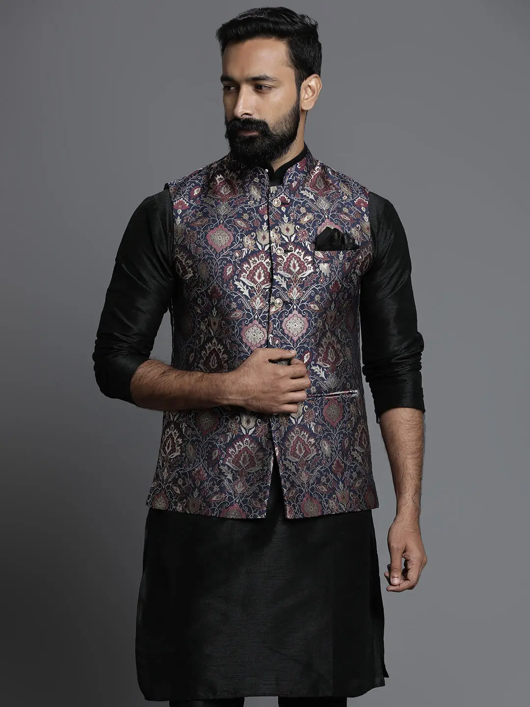 Blue Printed Jaquard Kurta Pyjama Set