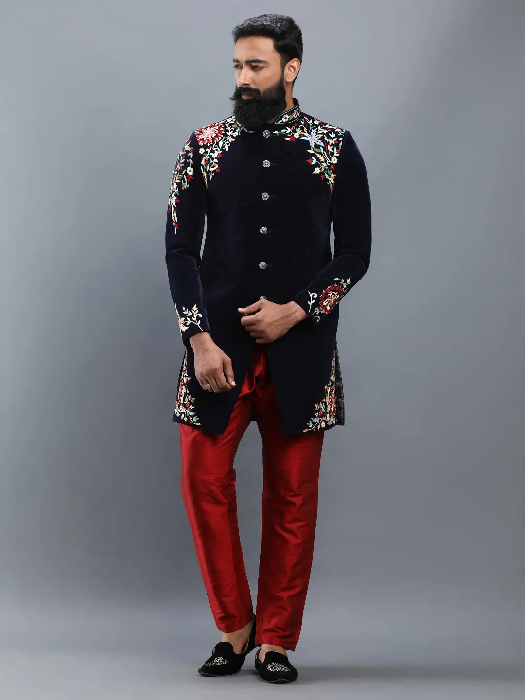 Blue Velvet Threaded Sherwani