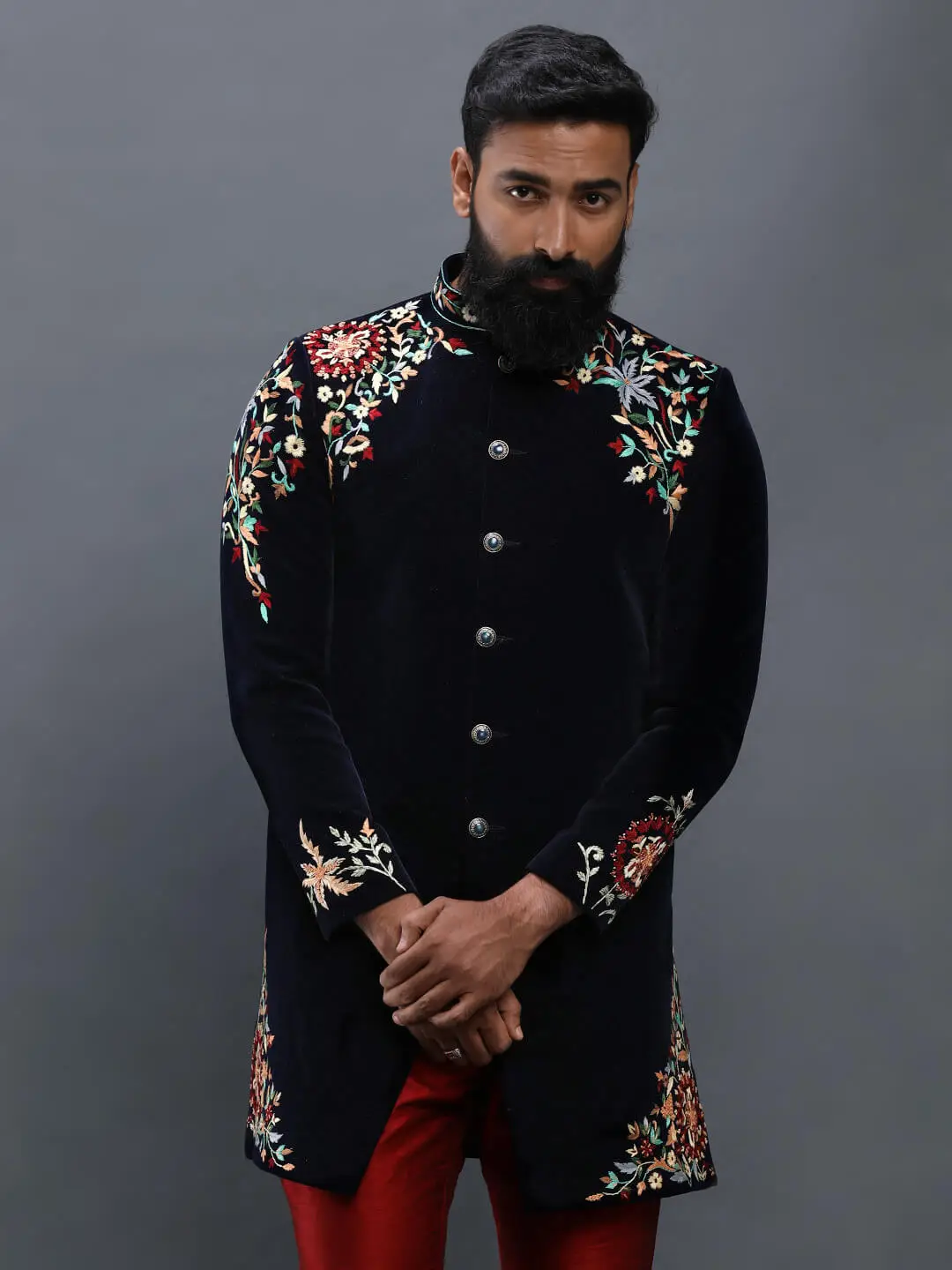 Blue Velvet Threaded Sherwani
