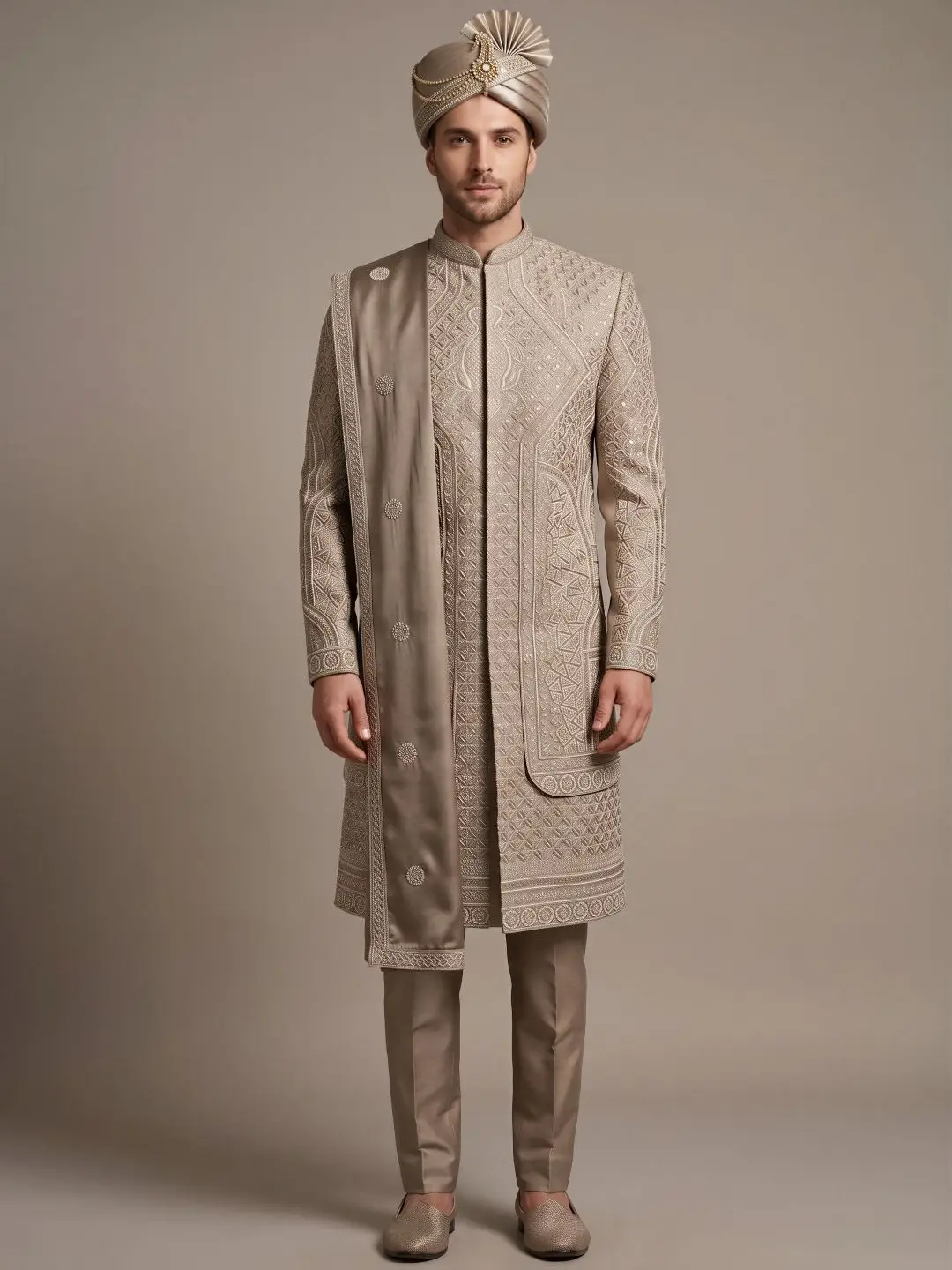 Cream Heavy Embroidered 2 Layer Sherwani