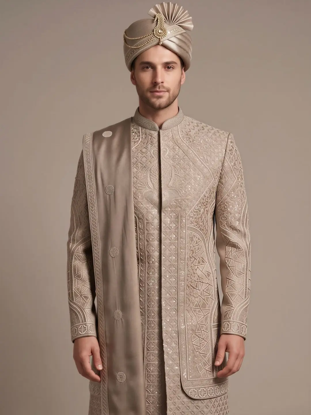 Cream Heavy Embroidered 2 Layer Sherwani