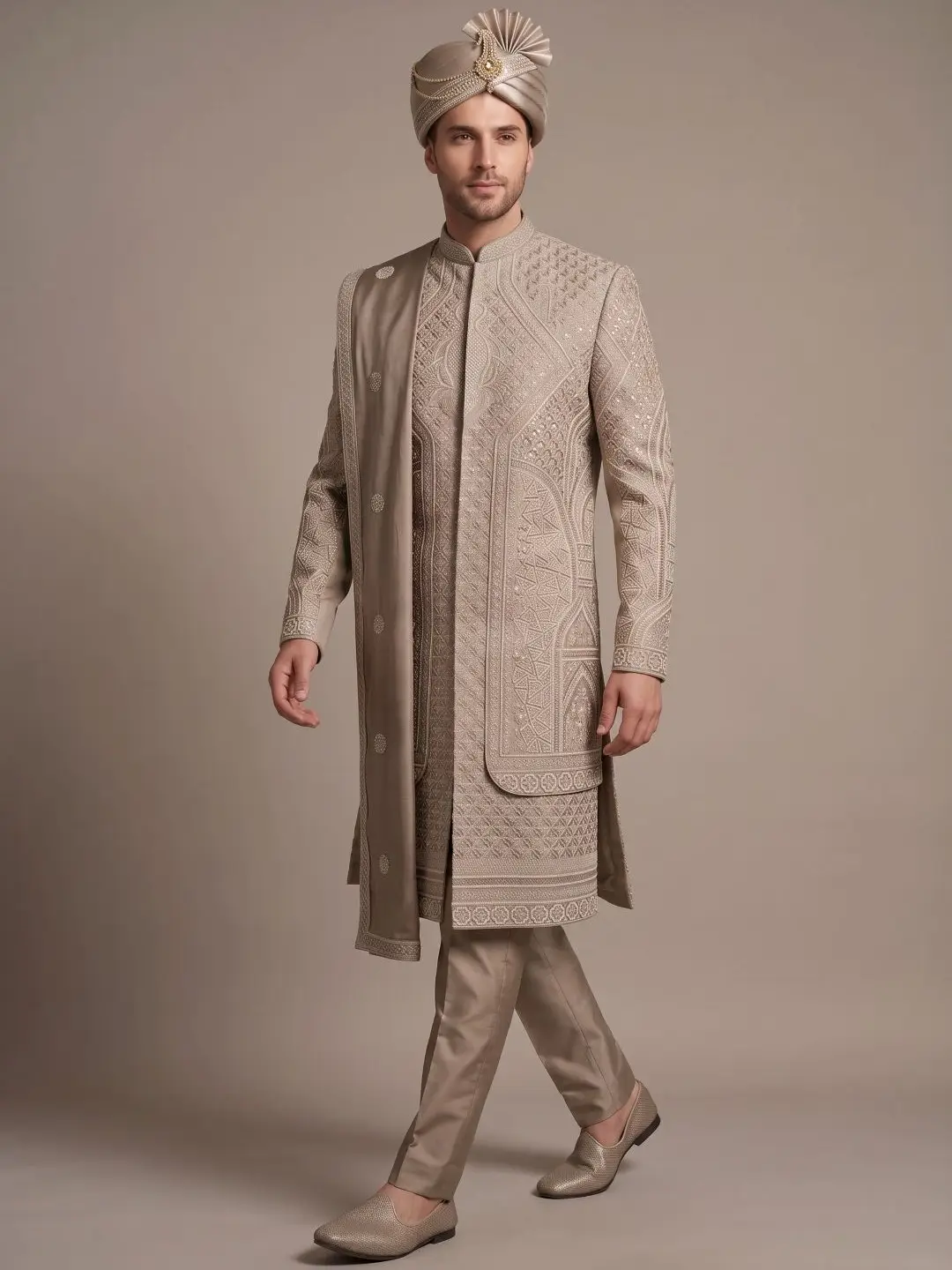 Cream Heavy Embroidered 2 Layer Sherwani — image 1