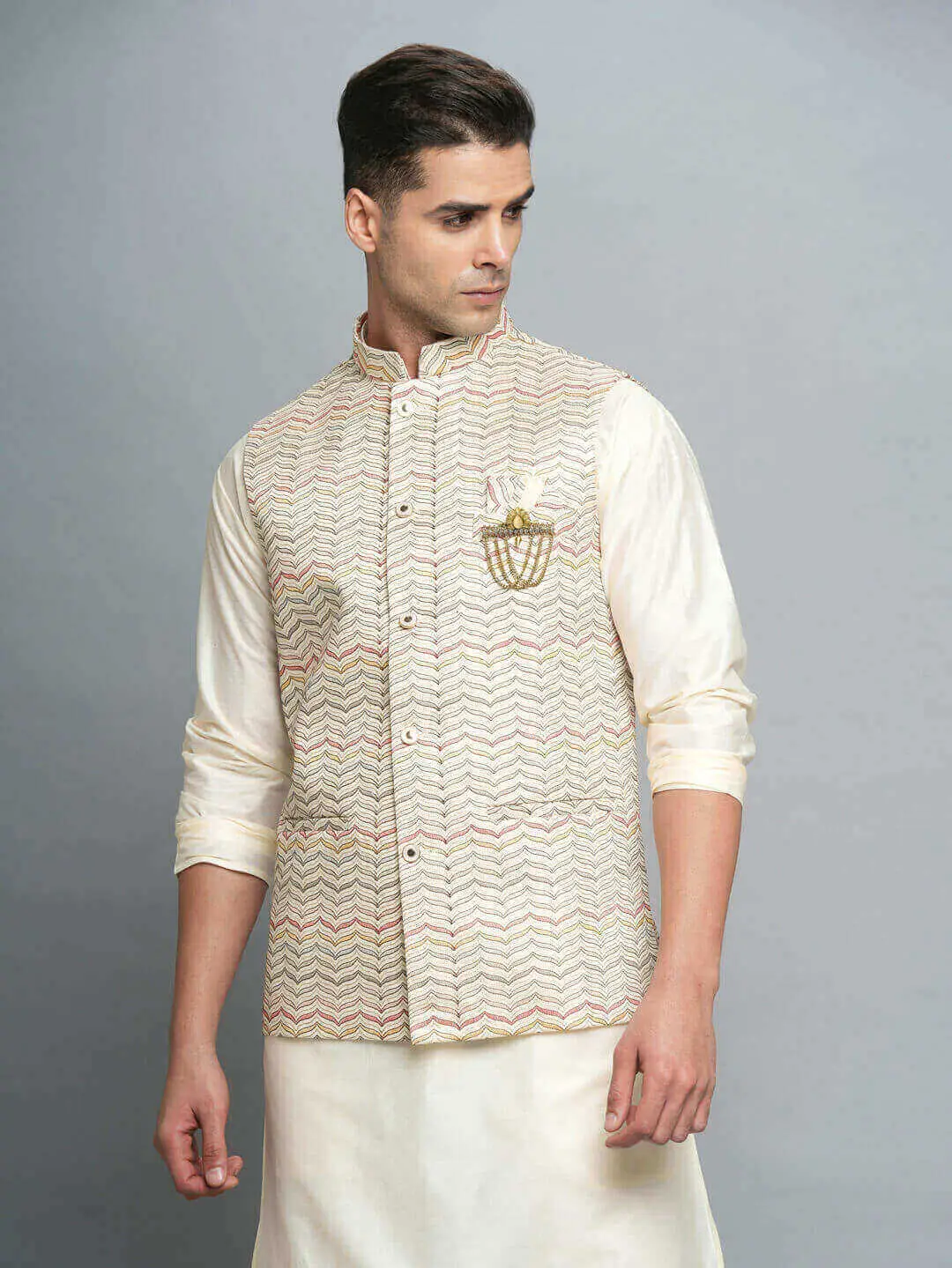 Cream Modern Kurta Pyjama Bandi Set