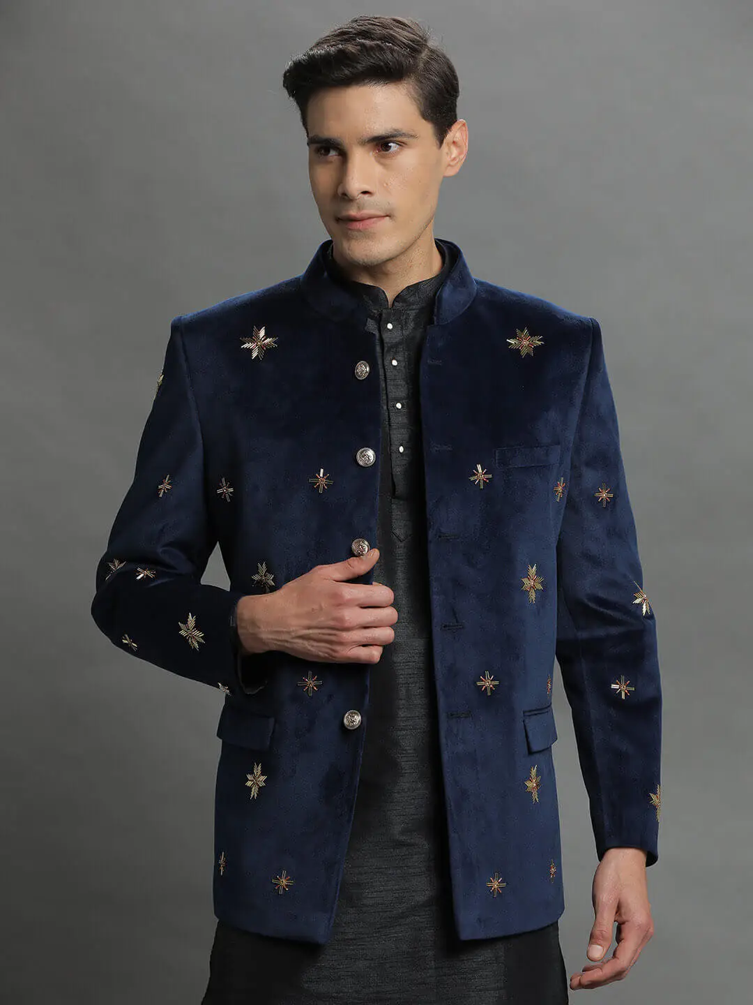 Gold Booti Blue Velvet Bandgala