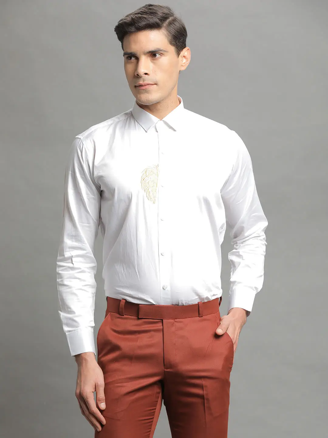 Half Lion Embroidered White Shirt