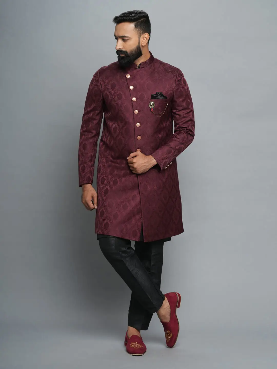 Maroon Cross Button Jaquard IndoWestern