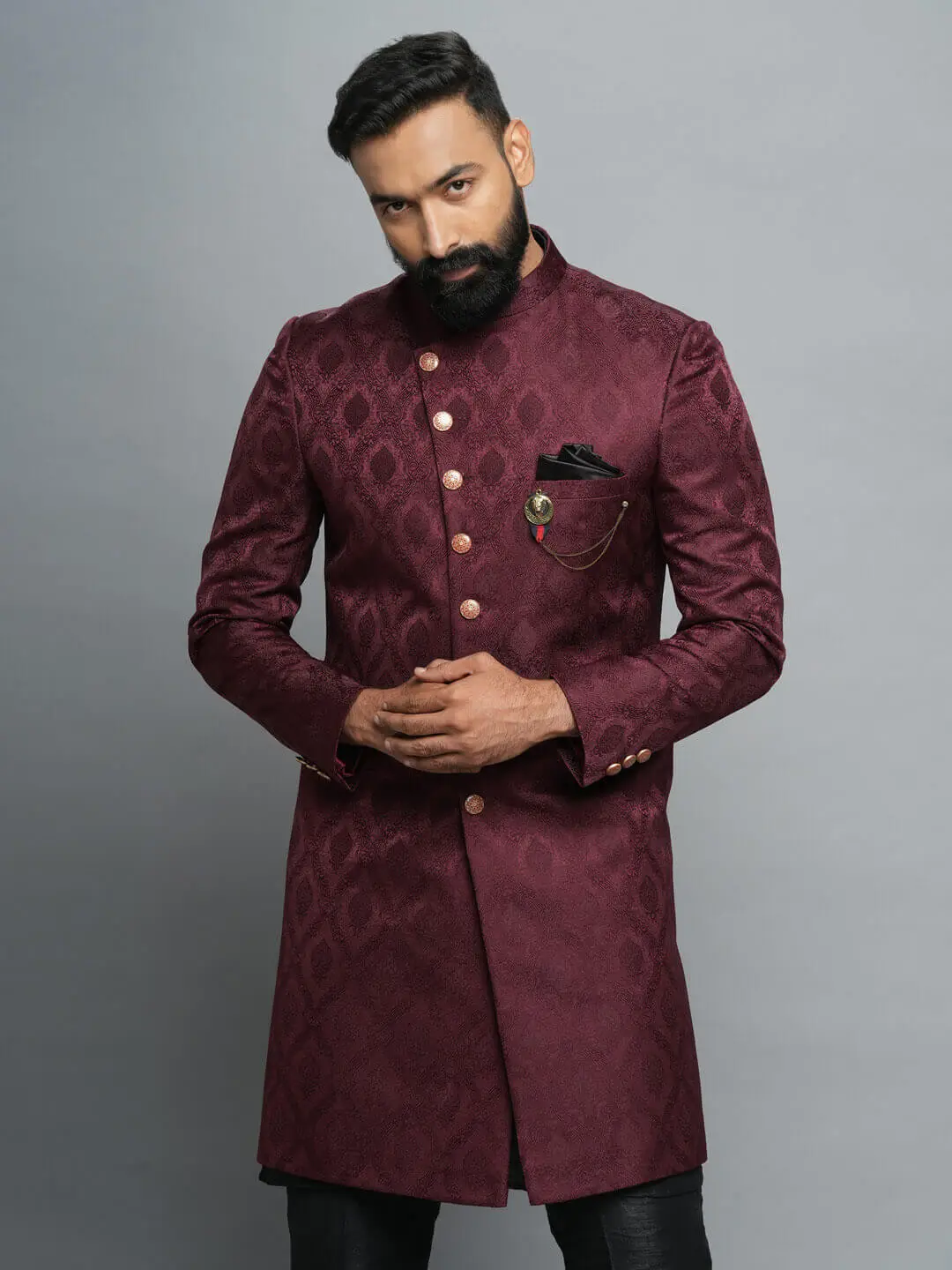 Maroon Cross Button Jaquard IndoWestern