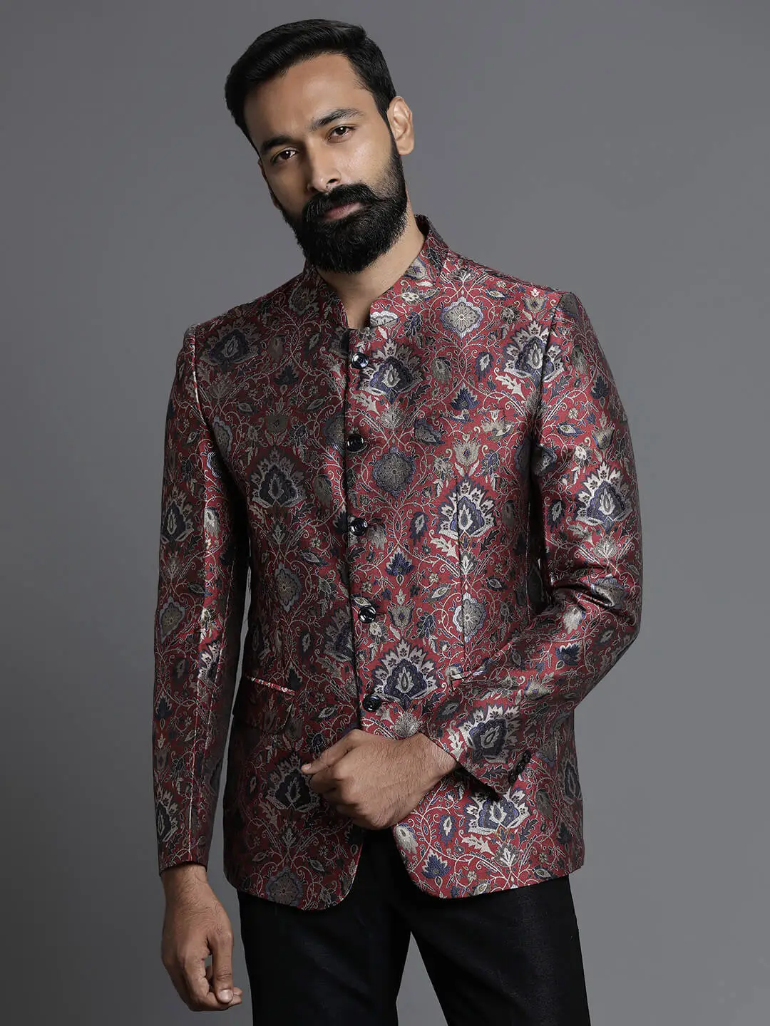 Maroon Embossed Printed Jaquard Bandgala
