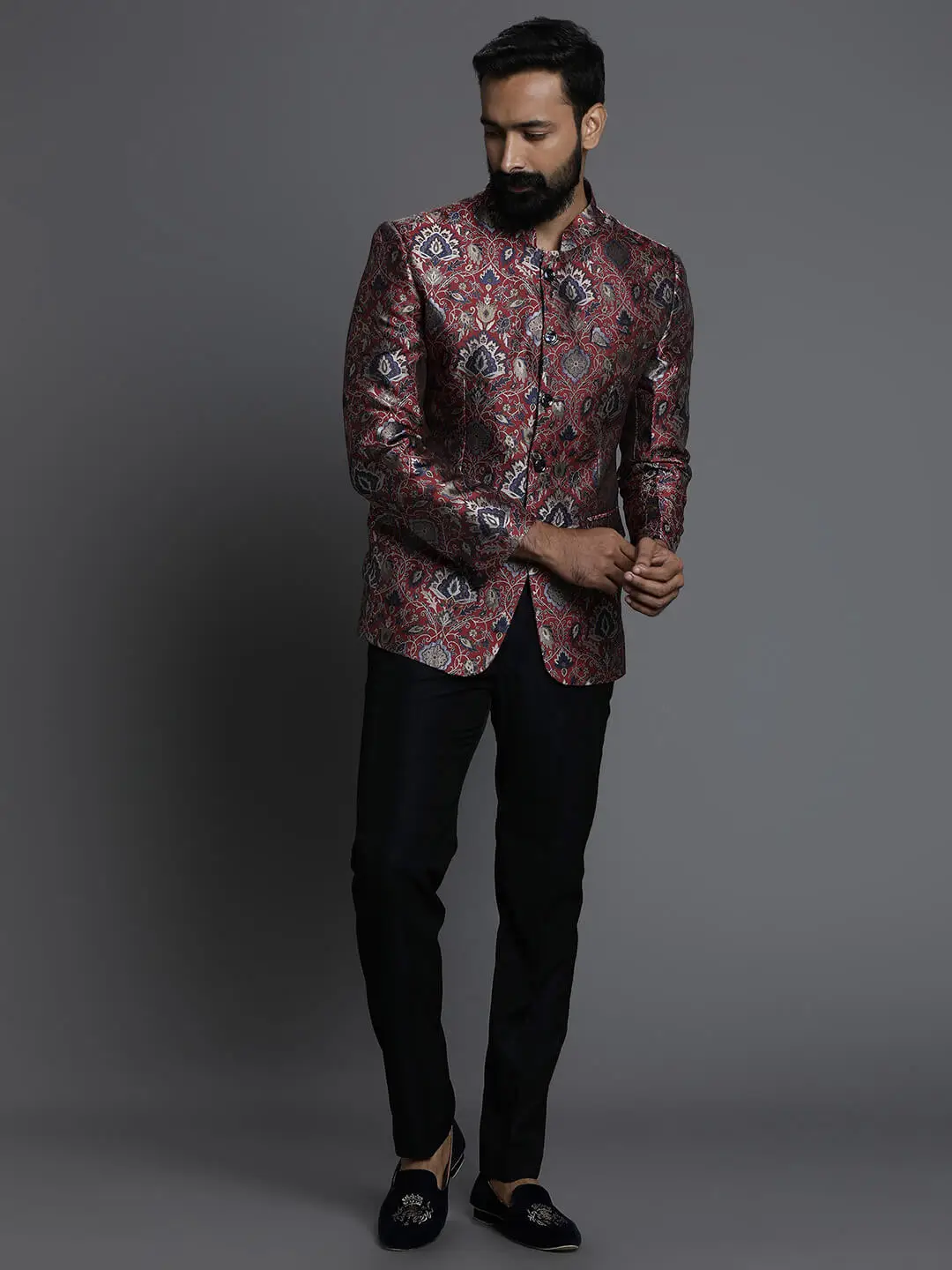 Maroon Embossed Printed Jaquard Bandgala — image 2