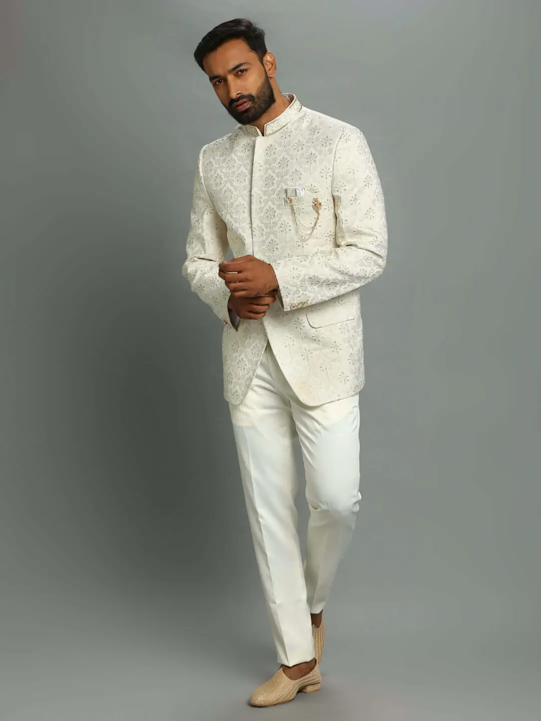 White Embroidered Bandgala