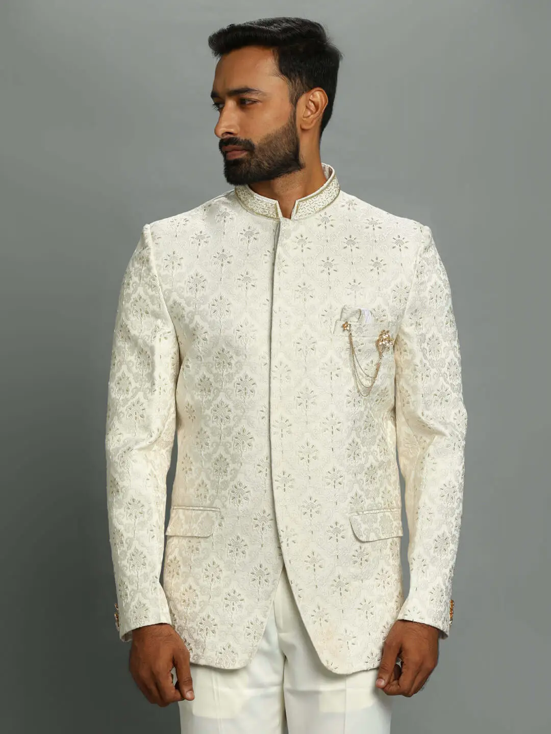 White Embroidered Bandgala