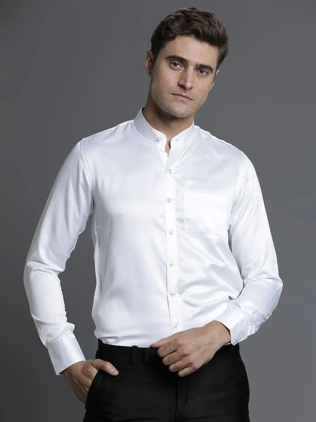 White Mandarin Collar Shirt