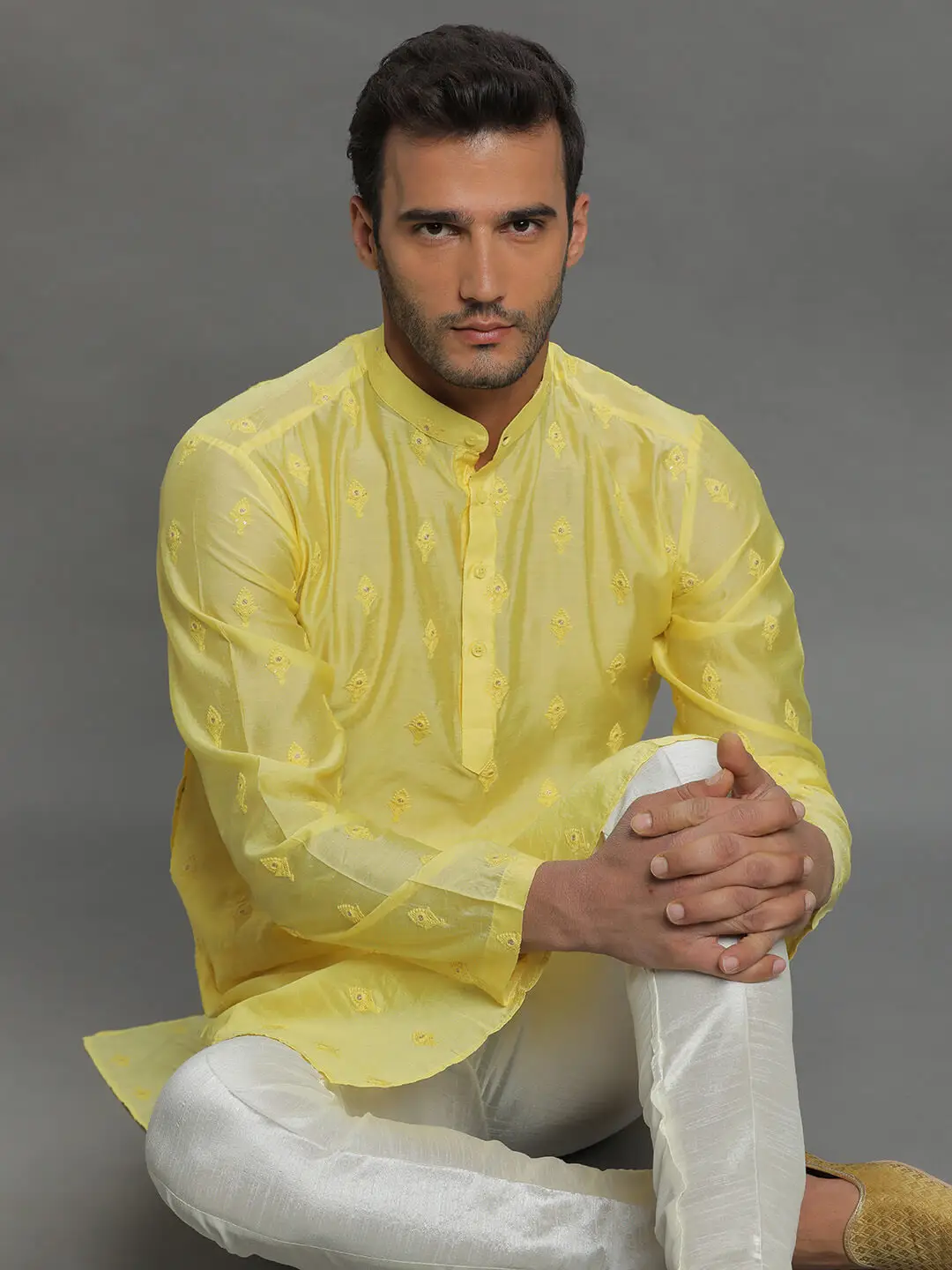 Yellow Booti Embroidery Kurta Pyjama
